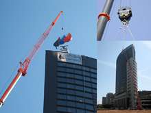 Assembly of a poster at the Iberdrola building in Valencia